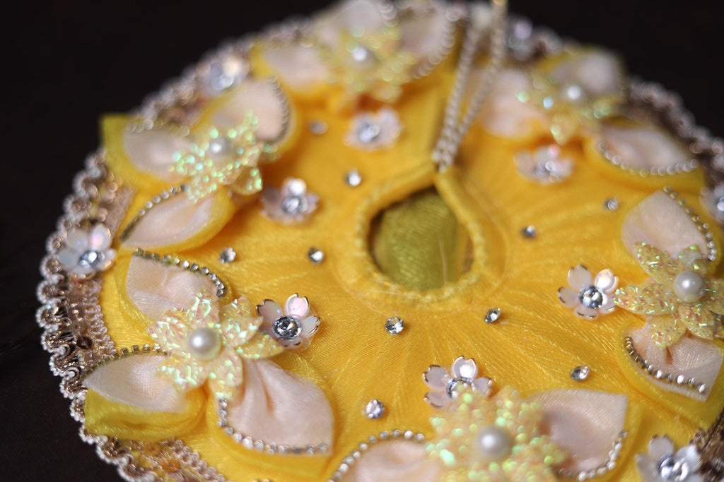 Handcrafted Yellow Kanha Ji Poshak: Floral Stone Pearl Work Festive Dress