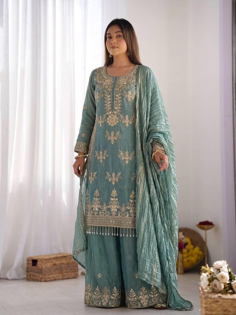 Designer Dusty Green Silk Embroidered Salwar Set with Dupatta | Wedding Party Wear