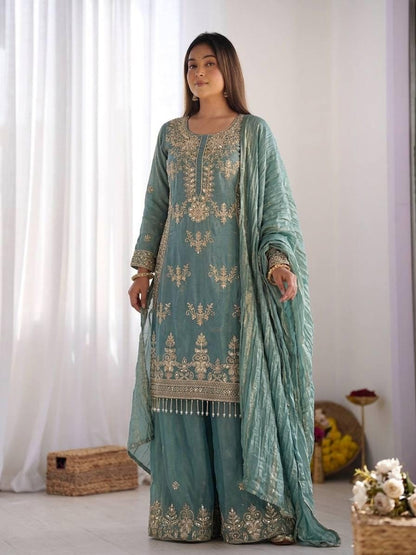Designer Dusty Green Silk Embroidered Salwar Set with Dupatta | Wedding Party Wear