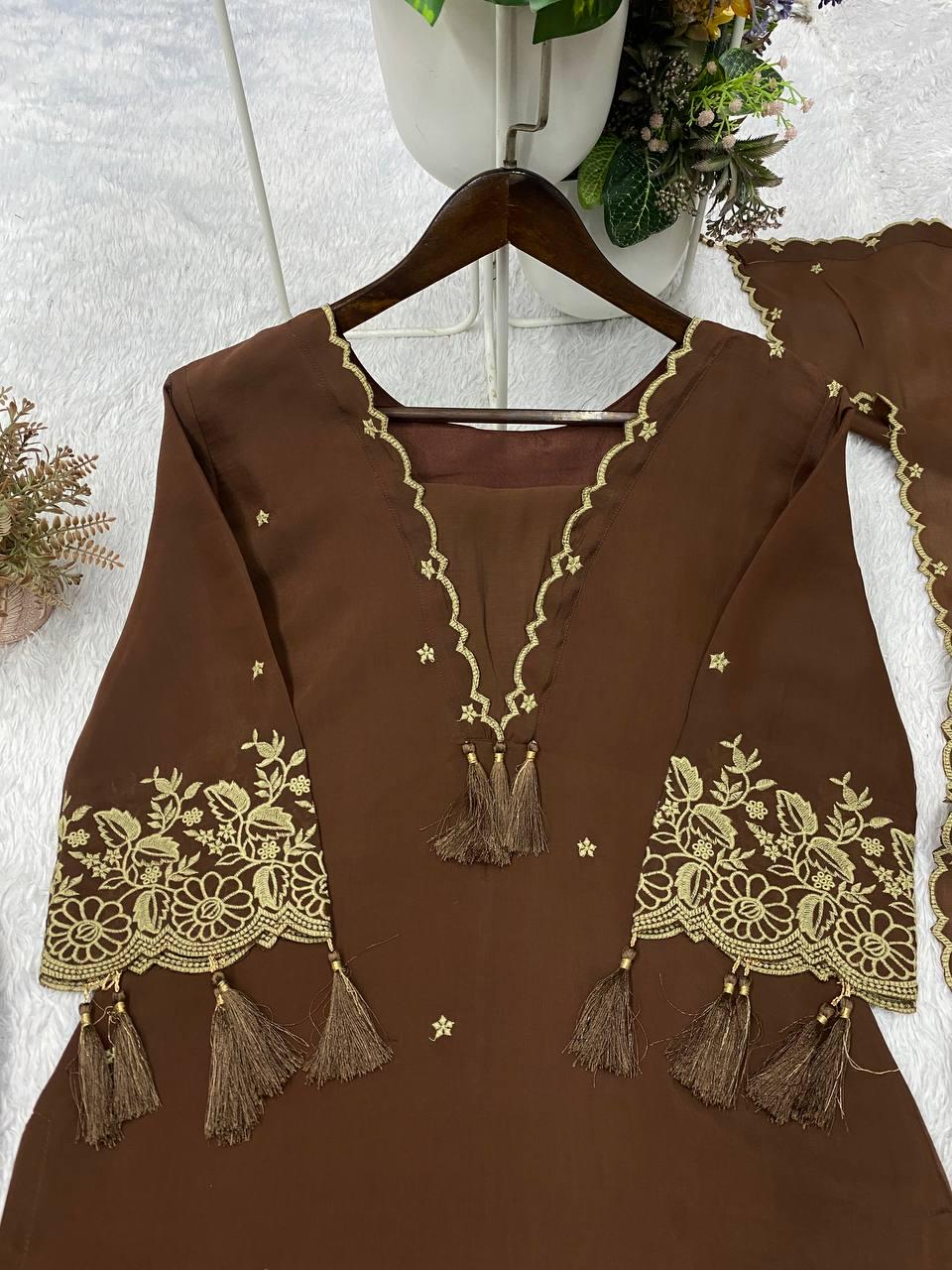 Embroidered Brown Rayon Kurta Salwar Set with Dupatta | Festive Indian Wear
