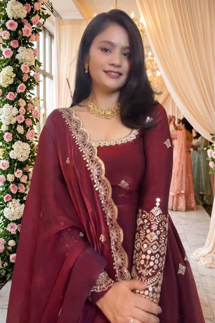 Maroon Pure Fendy Silk Gown Set | Sequence Embroidery Party Wear Dress