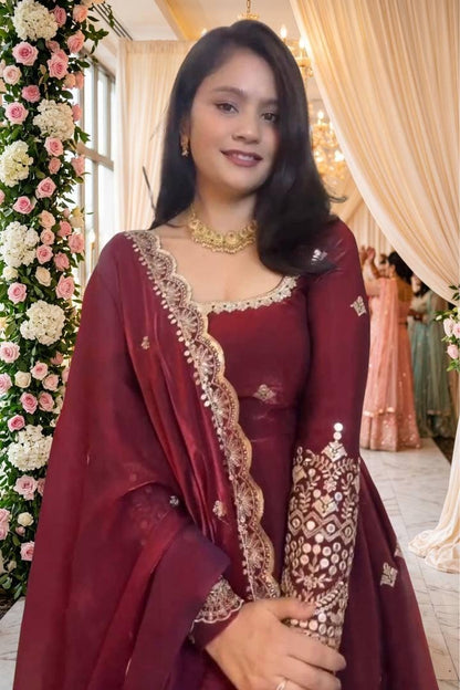 Maroon Pure Fendy Silk Gown Set | Sequence Embroidery Party Wear Dress