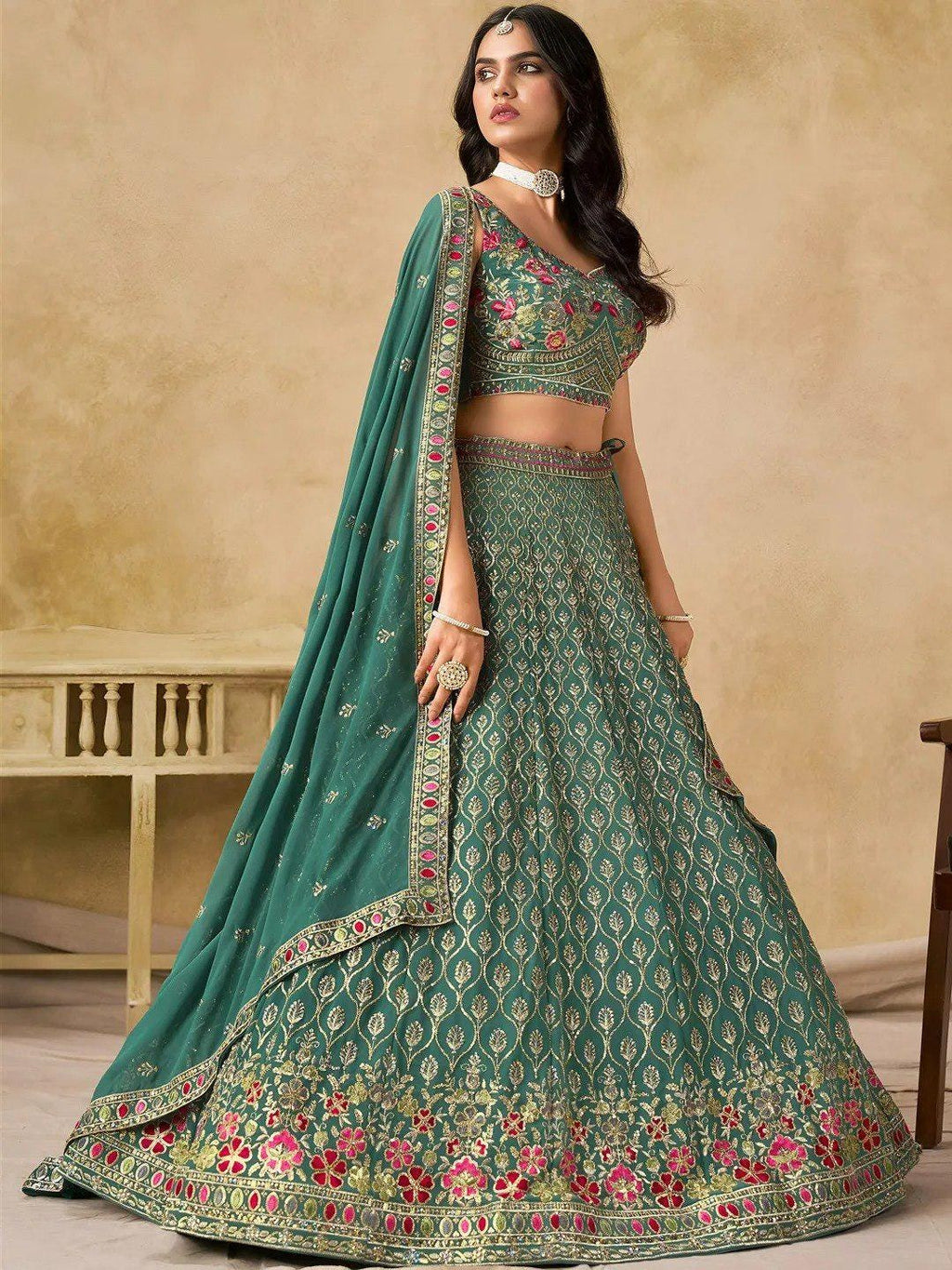 Designer Indian Wedding Lehenga Choli: Mint Green Georgette Embroidery (Made To Order) Customize Size