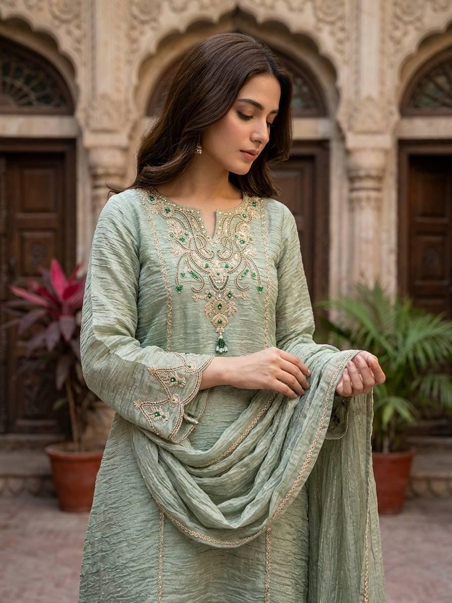 Designer Salsa Silk Sage Green Embroidery Coding & Stone Work Sharara Suit Set Custom Stitched