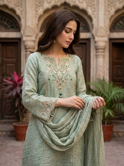 Designer Salsa Silk Sage Green Embroidery Coding & Stone Work Sharara Suit Set Custom Stitched