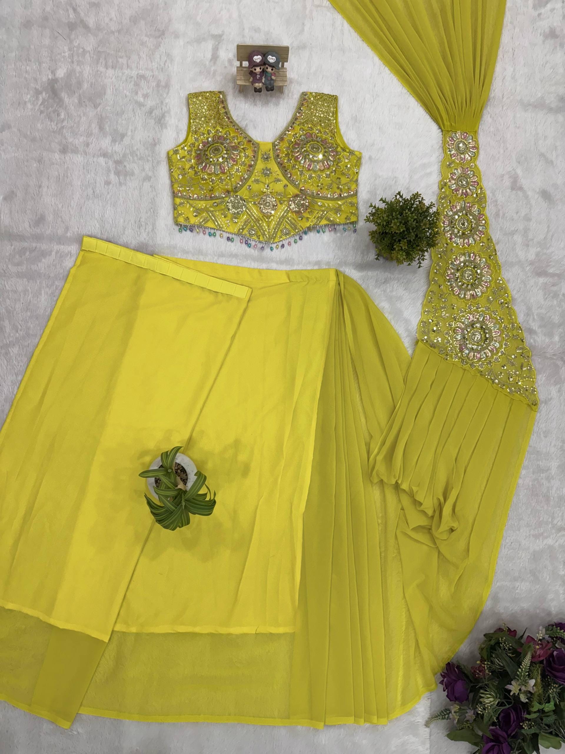 Ready-to-Wear Yellow Faux Georgette Drape Saree with Sequins Work, Stitched Blouse