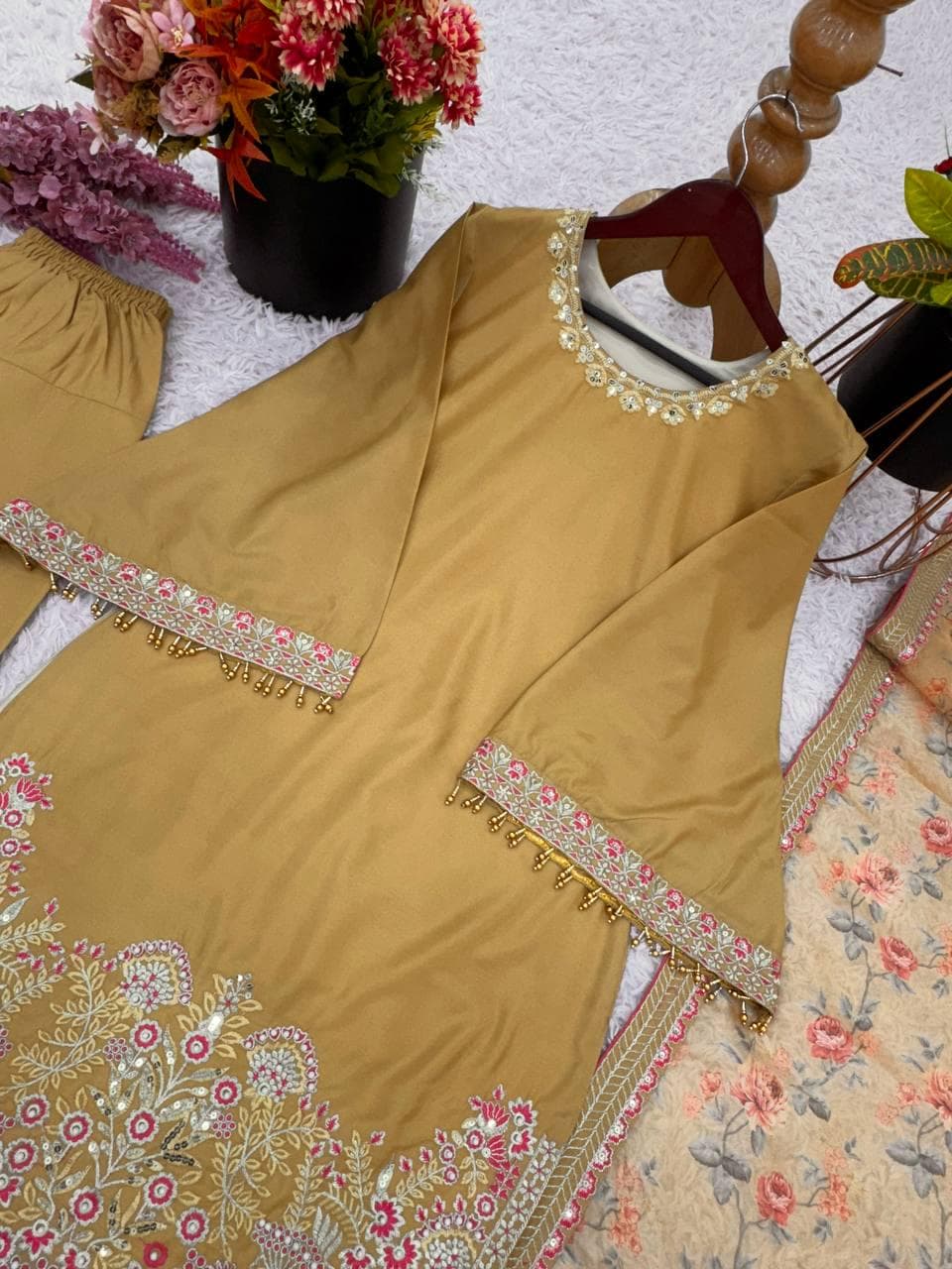 Yellow French Crepe Silk Embroidered Top, Bottom, Dupatta Set (Ready to Wear)