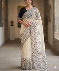 White Georgette Saree with Embroidery, Sequin & Rivet Detail
