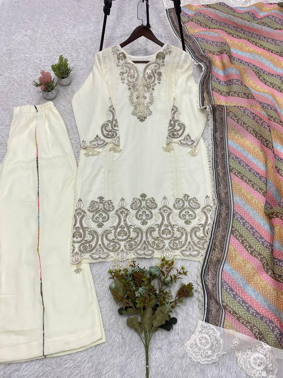 Star Georgette Sequence Embroidery Top Palazzo Set | Printed Organza Dupatta, Indian Wedding Wear