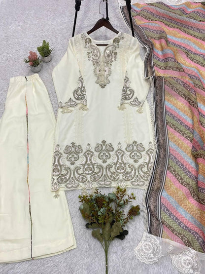 Star Georgette Sequence Embroidery Top Palazzo Set | Printed Organza Dupatta, Indian Wedding Wear