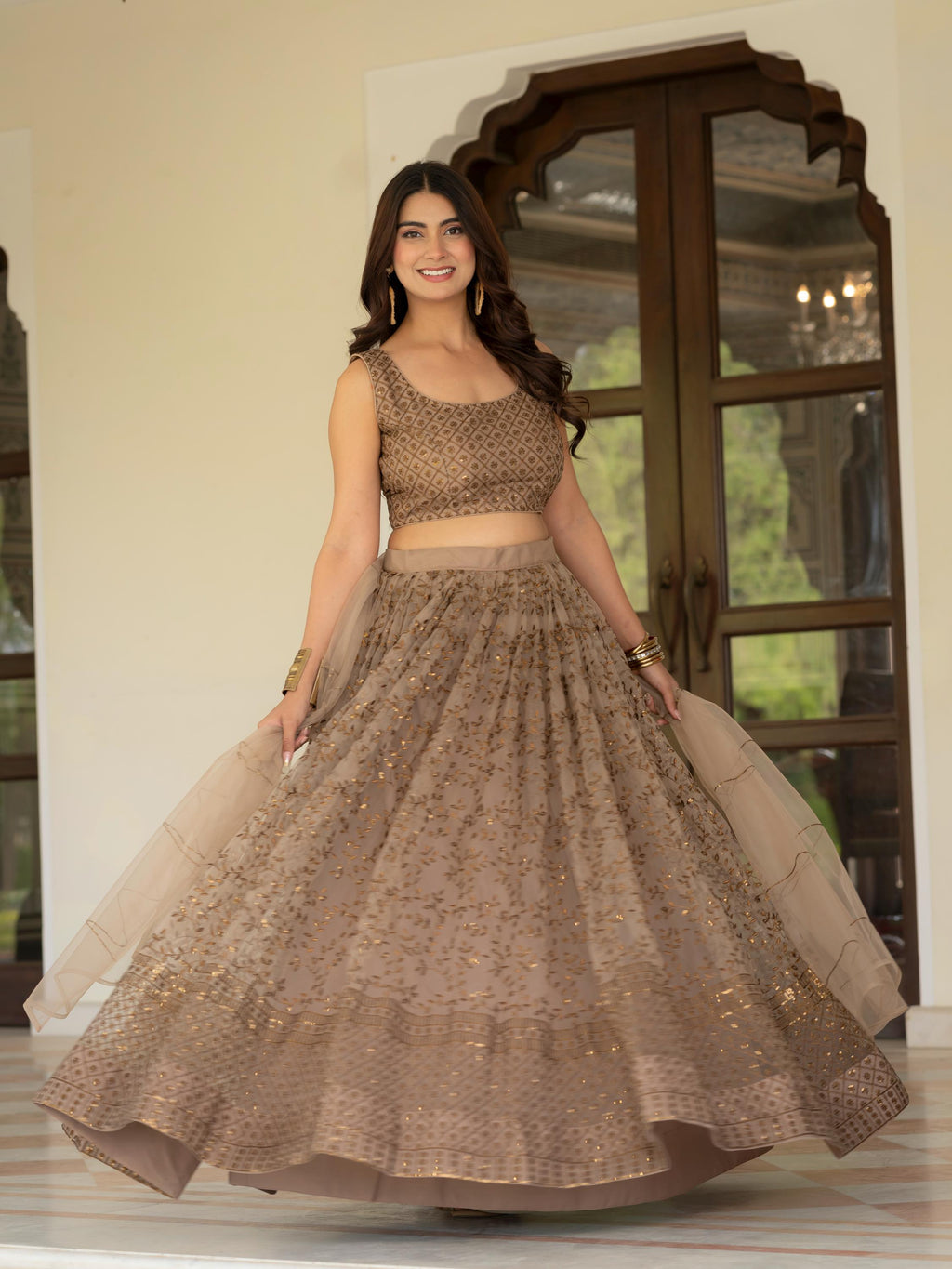 Muted Beige Net Lehenga Choli Set: Zari Sequence Embroidery Indian Wedding Outfit