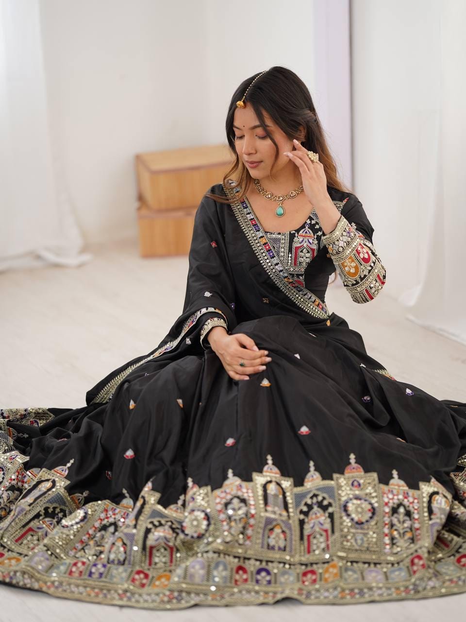 Designer Indian Wedding Lehenga Choli: Midnight Black Georgette Embroidery Sequins Work (Made To Order)