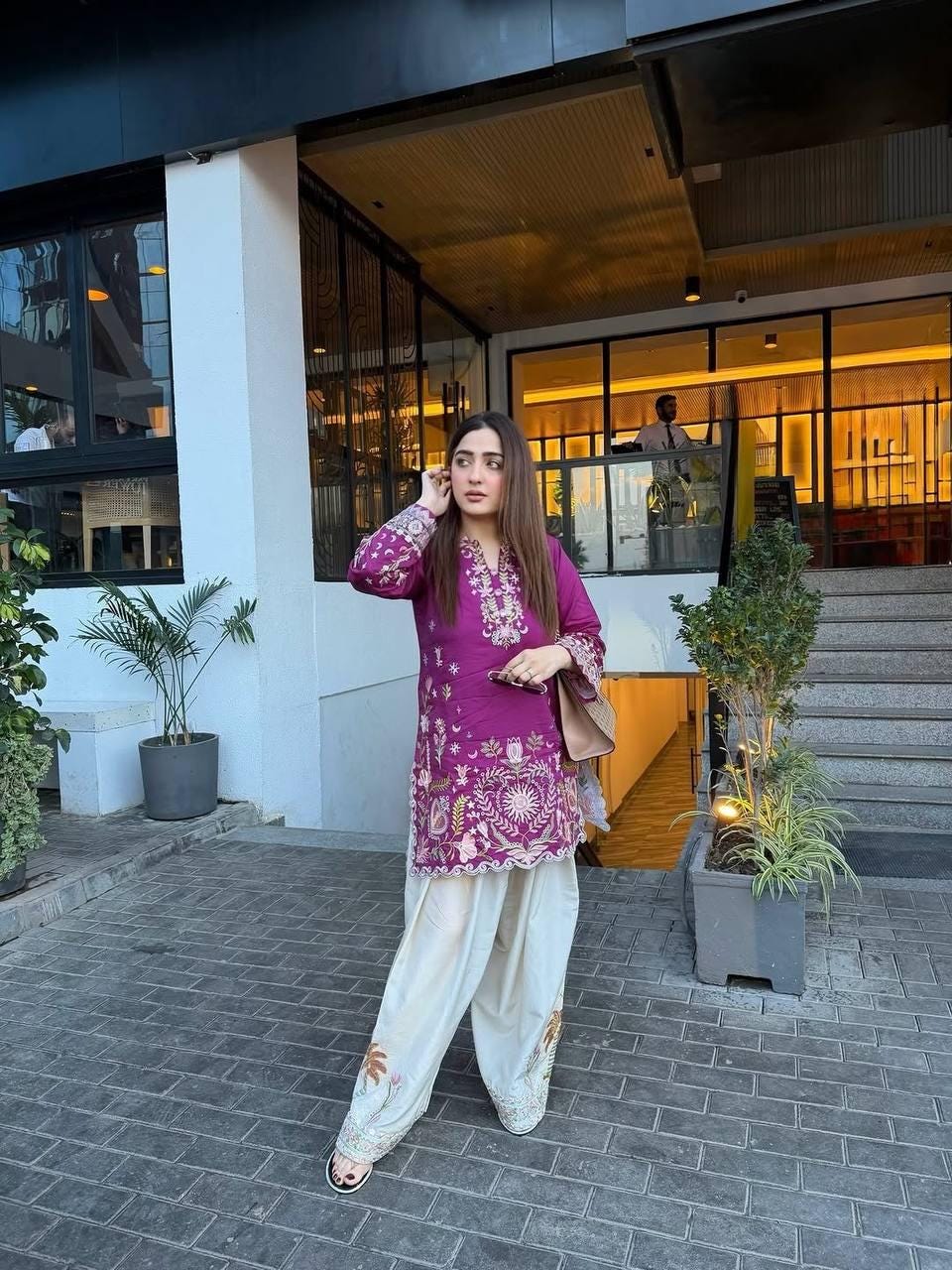 Designer French Crape Embroidered Kurti Salwaar Set | Purple Off-White Ethnic Dress