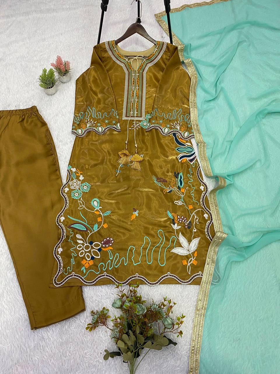 Glass Roman Embroidery Kurti Pant Set | Georgette Dupatta, Indian Wedding Wear