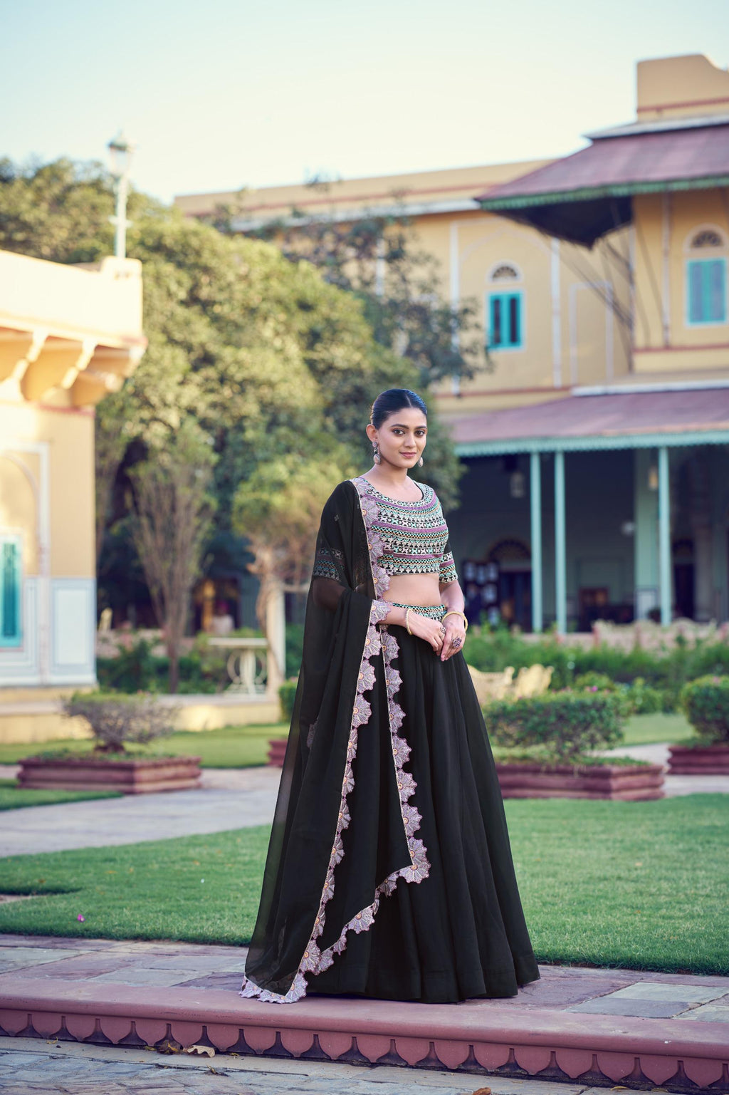 Black Georgette Lehenga Choli Set, Thread Sequins Embroidery, Floral Dupatta