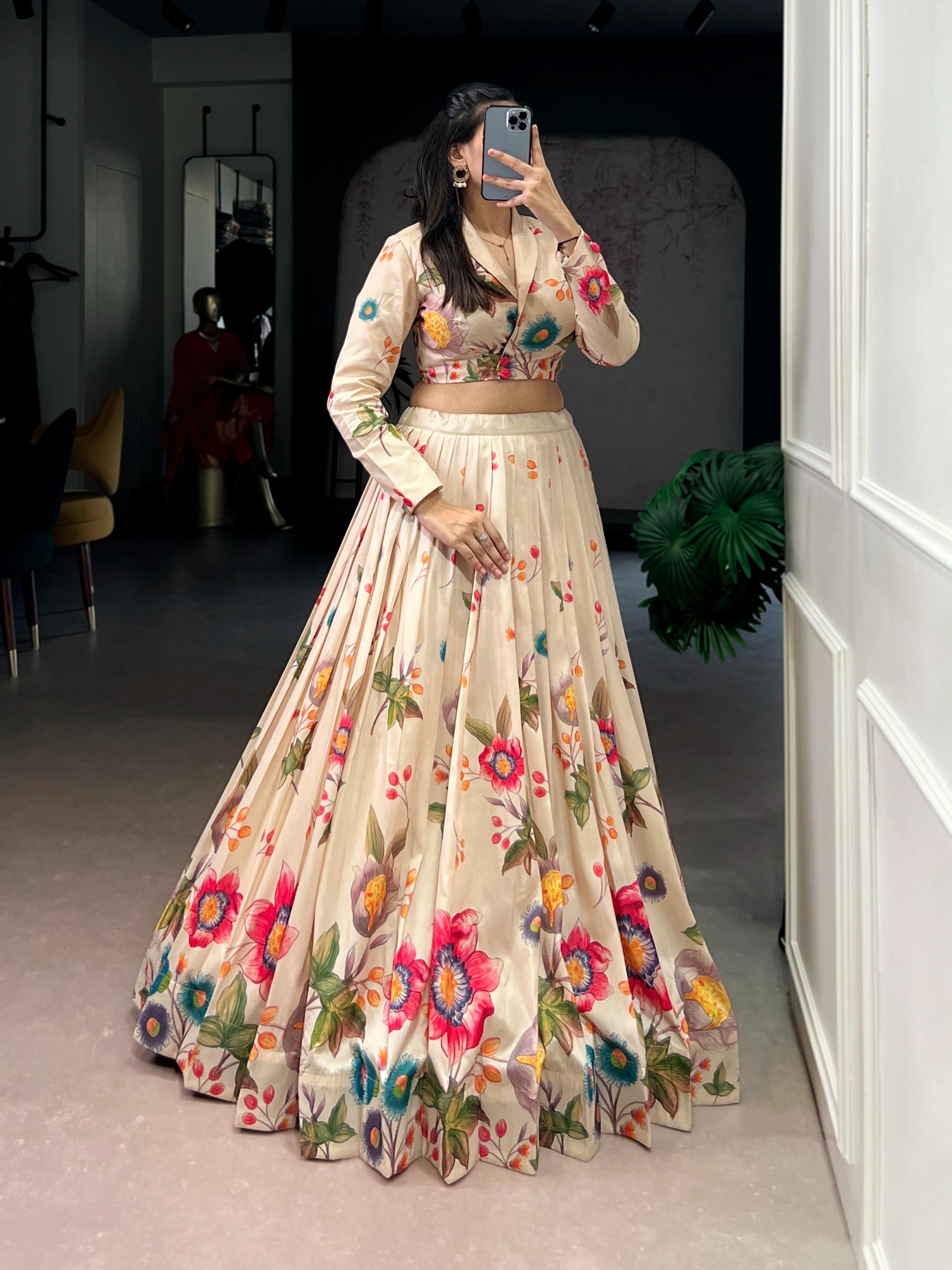 Floral Printed Tasar Silk Lehenga Choli, Indian Wedding Party Outfit (Ready to Wear)