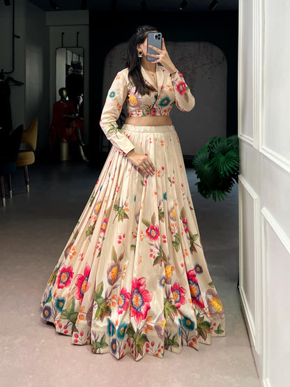 Floral Printed Tasar Silk Lehenga Choli, Indian Wedding Party Outfit (Ready to Wear)