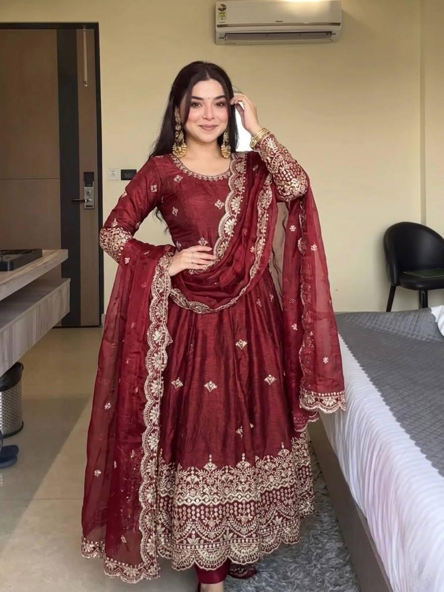 Maroon Pure Fendy Silk Gown Set | Sequence Embroidery Party Wear Dress
