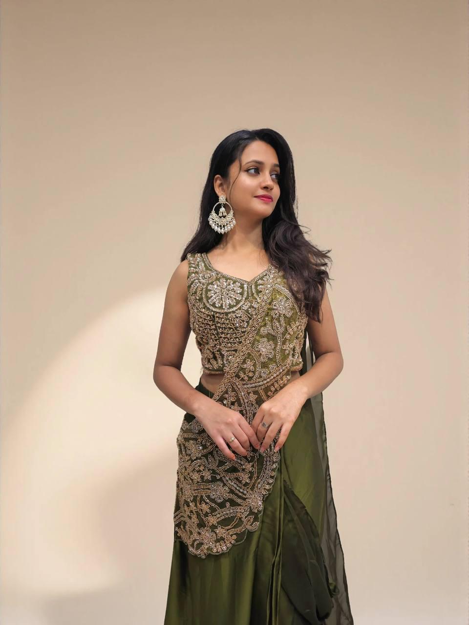 Ready-to-Wear Green Rangoli Silk Drape Saree with Sequins Work Blouse