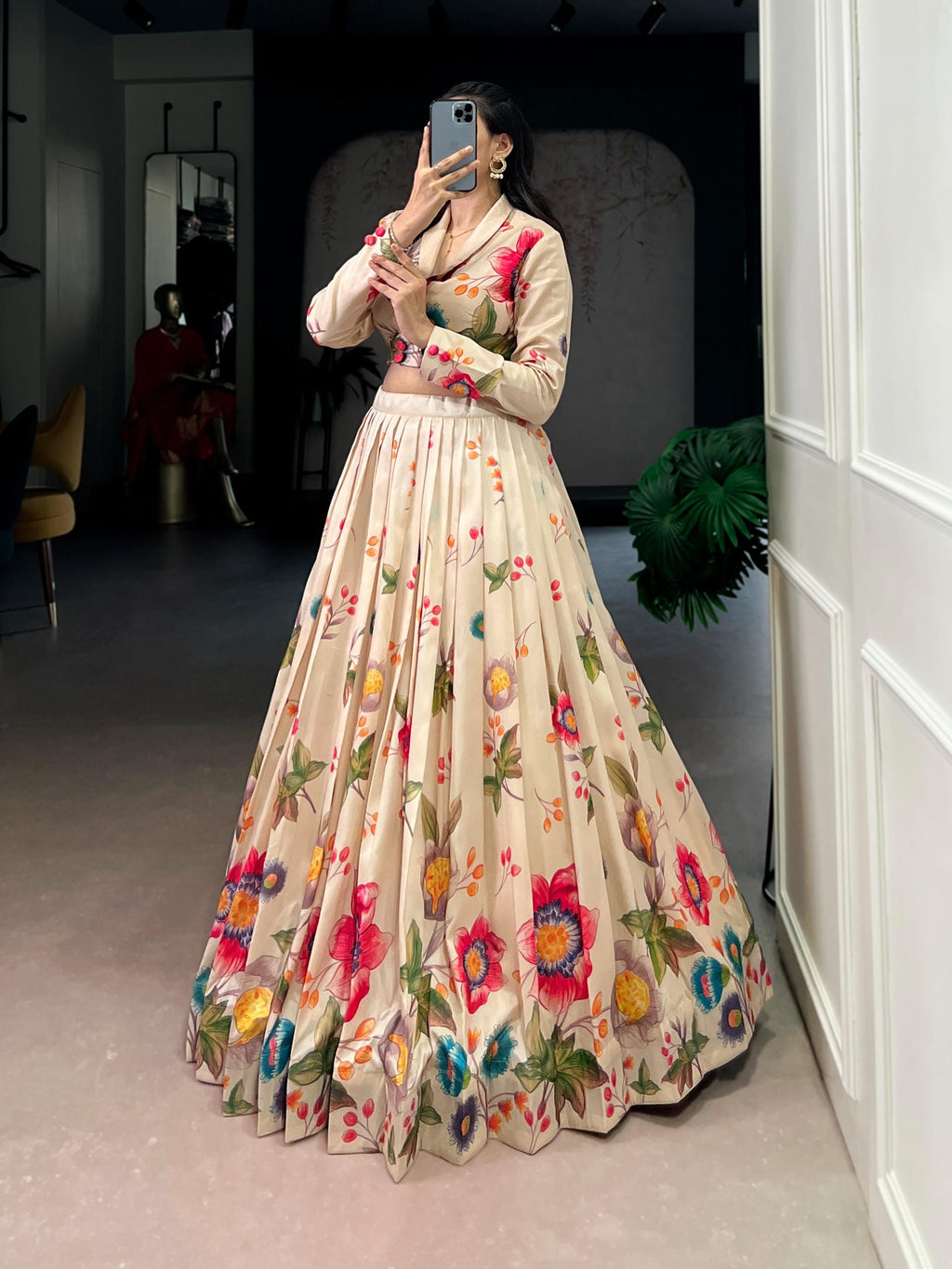 Floral Printed Tasar Silk Lehenga Choli, Indian Wedding Party Outfit (Ready to Wear)