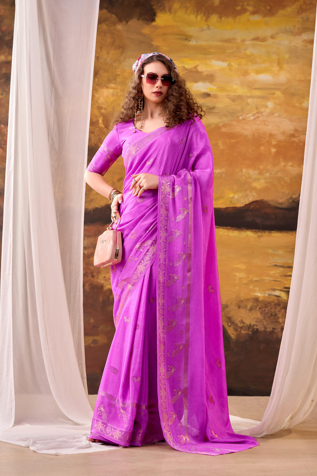 Pink Crepe Silk Saree with Woven Blouse