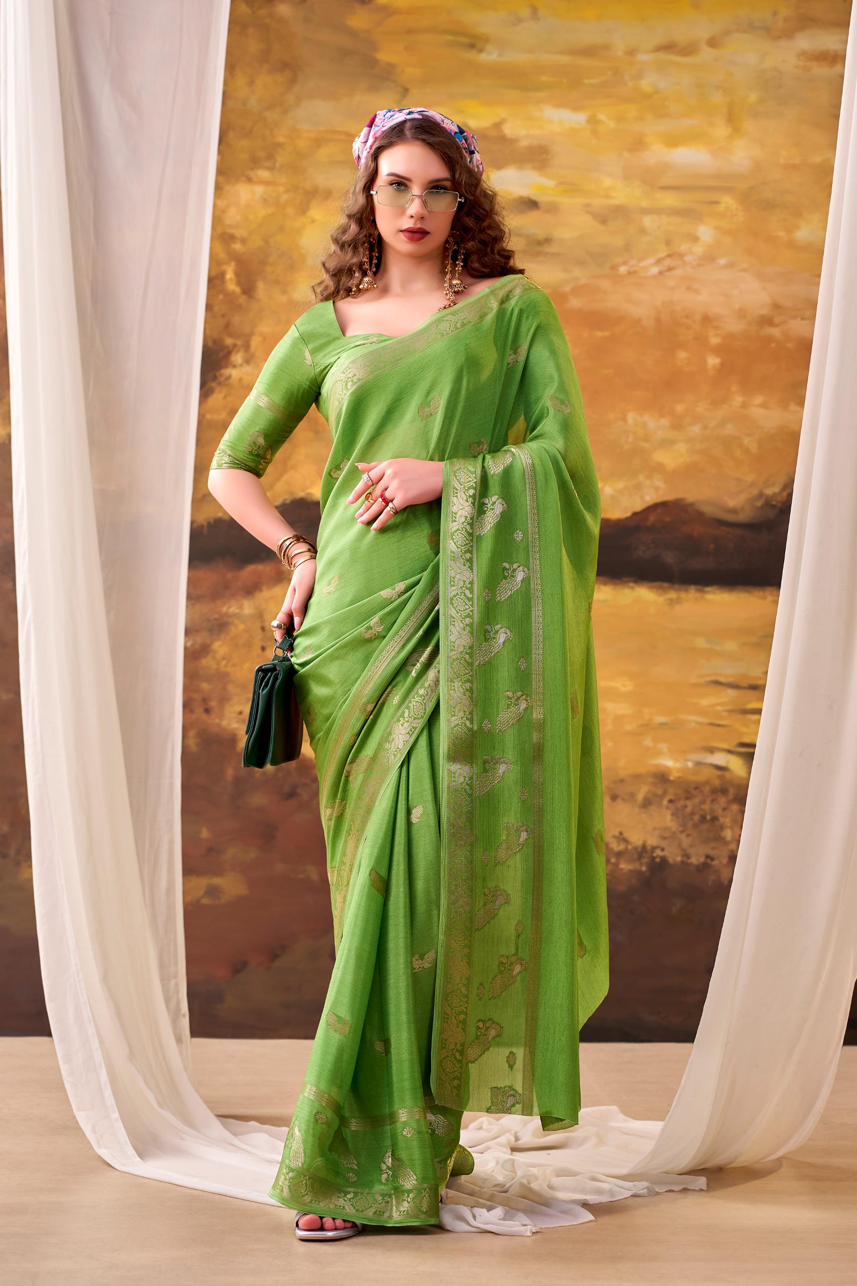 Green Crepe Saree with Weaving Work