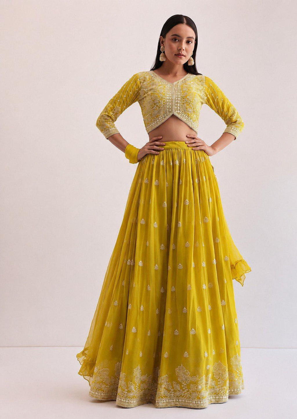 Designer Indian Wedding Lehenga Choli Dupatta: Mustard Yellow Georgette Embroidery Sequins (Made To Order)