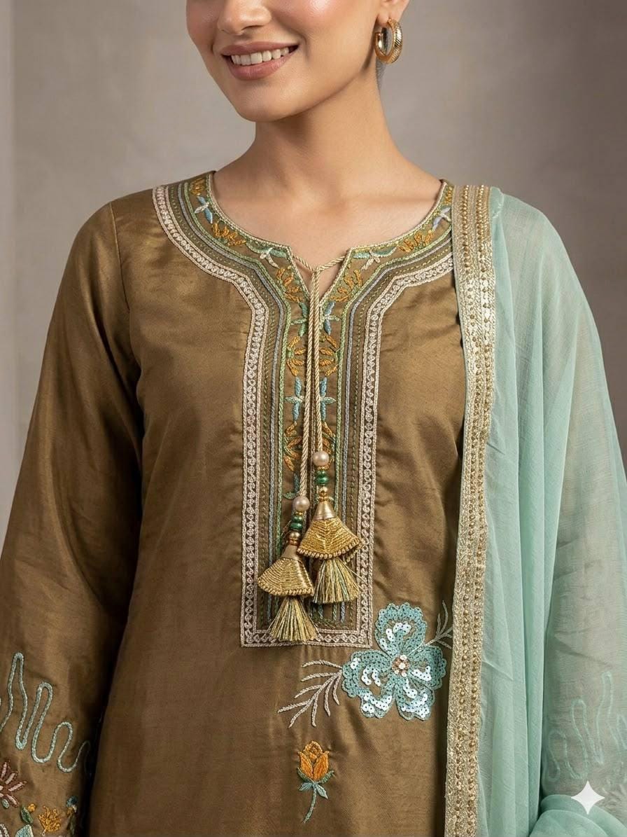 Glass Roman Embroidery Kurti Pant Set | Georgette Dupatta, Indian Wedding Wear