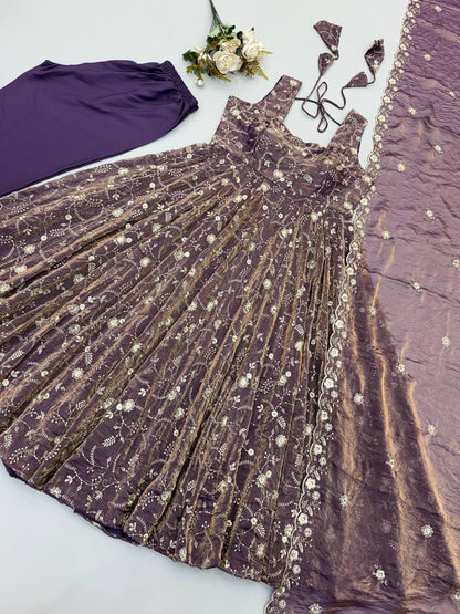 Dusty Purple Fendy Silk Gown Set with Sequence Embroidery (Ready to Wear)