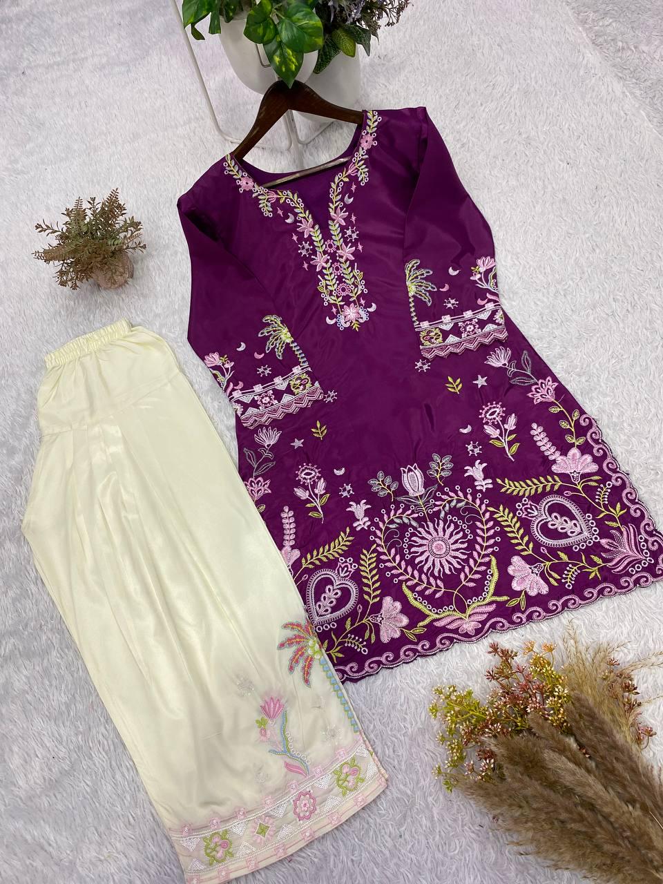 Designer French Crape Embroidered Kurti Salwaar Set | Purple Off-White Ethnic Dress