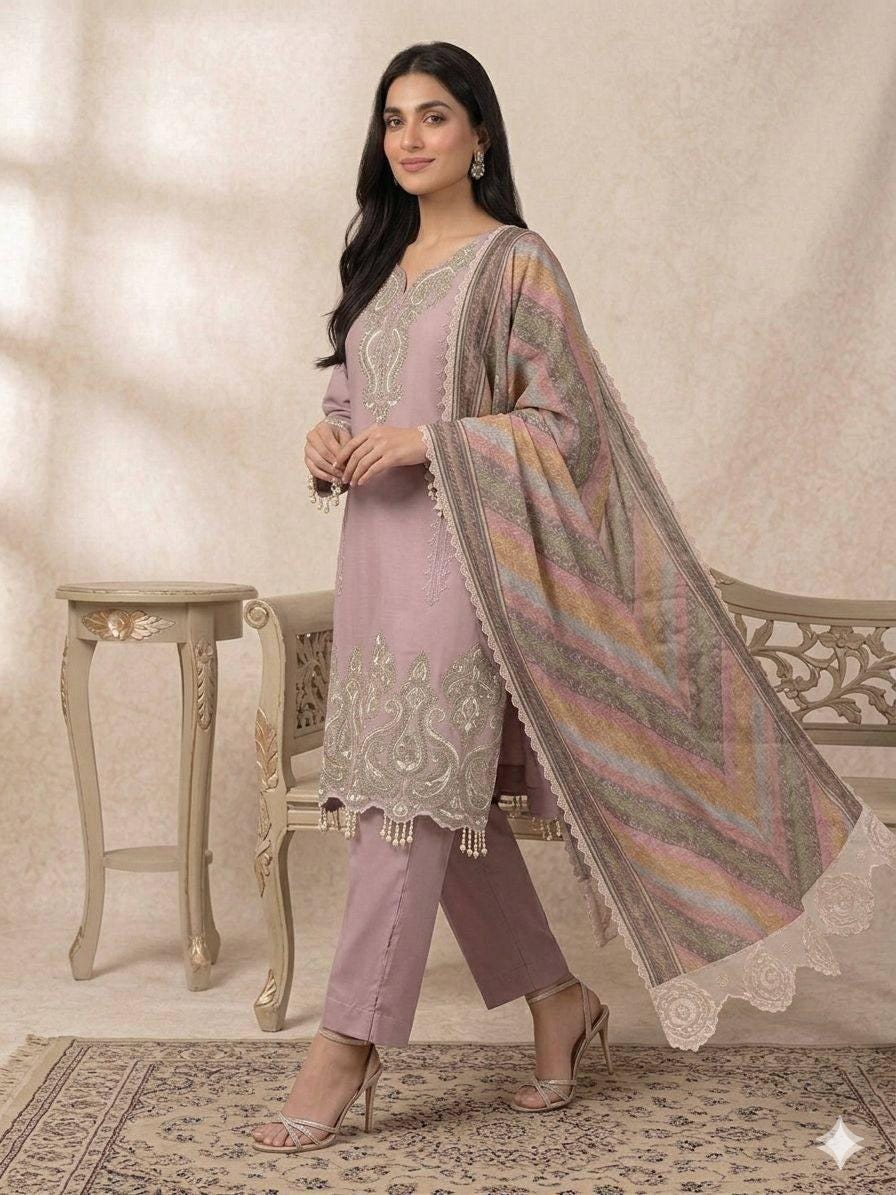 Baby Pink Star Georgette Top Palazzo Set | Sequence Embroidery, Printed Organza Dupatta