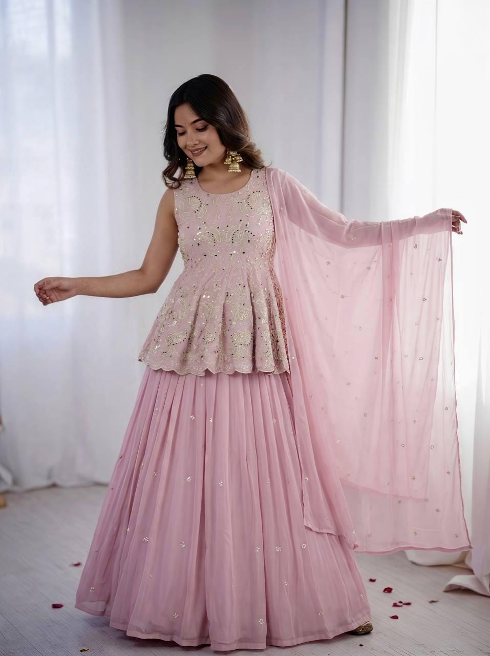 Mauve Purple Embroidered Faux Georgette Top & Lehenga Set | Wedding Guest Dress