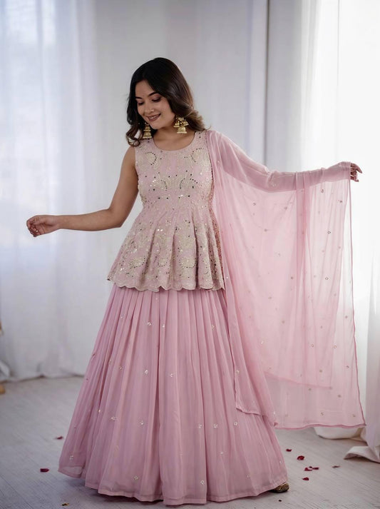 Mauve Purple Embroidered Faux Georgette Top & Lehenga Set | Wedding Guest Dress