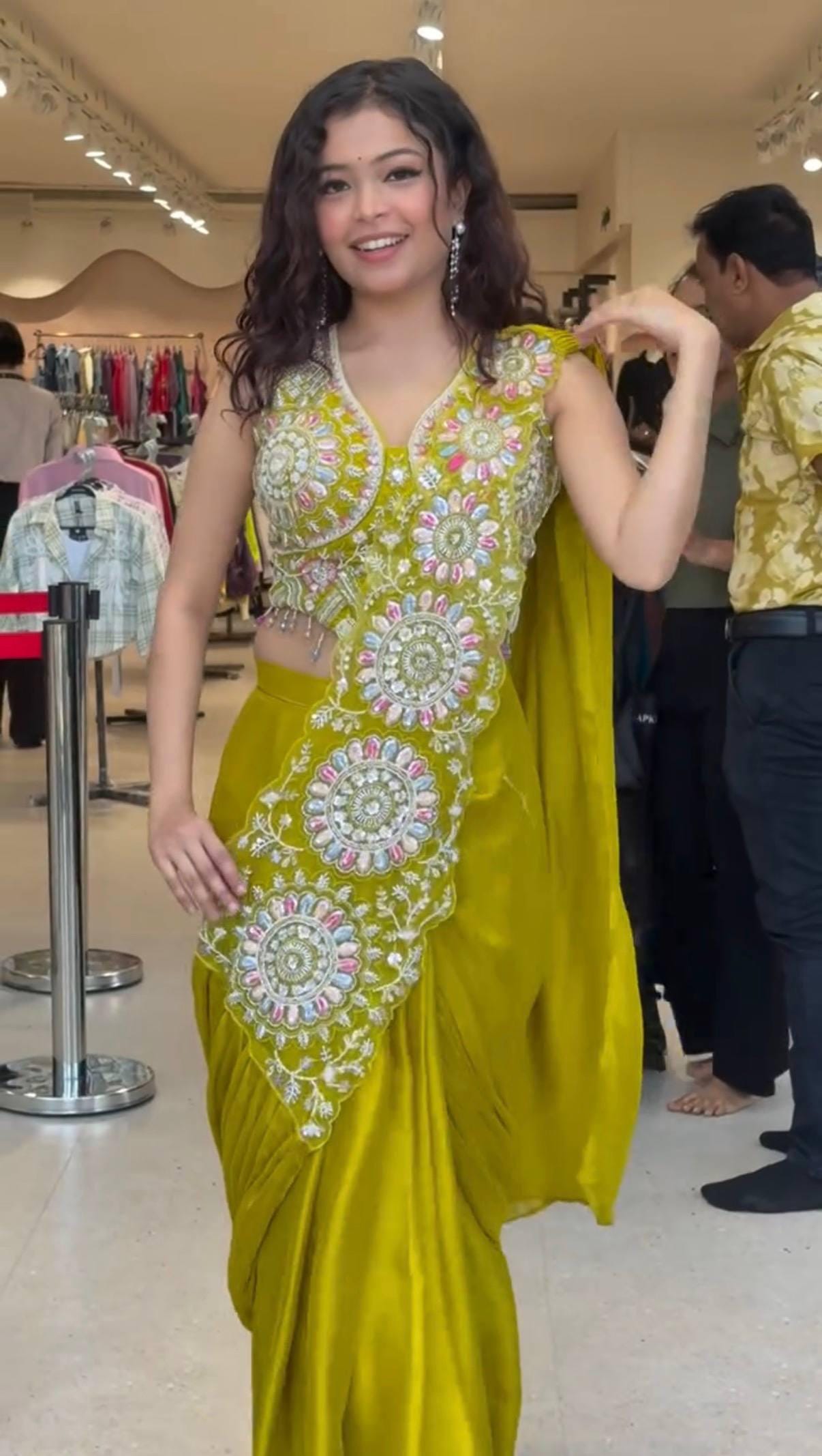 Ready-to-Wear Yellow Faux Georgette Drape Saree with Sequins Work, Stitched Blouse
