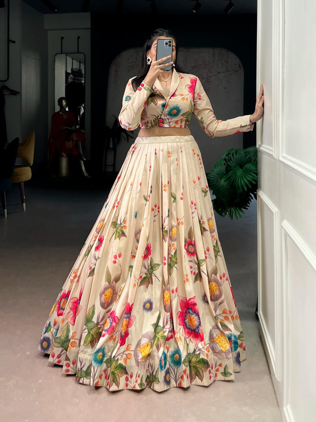 Floral Printed Tasar Silk Lehenga Choli, Indian Wedding Party Outfit (Ready to Wear)
