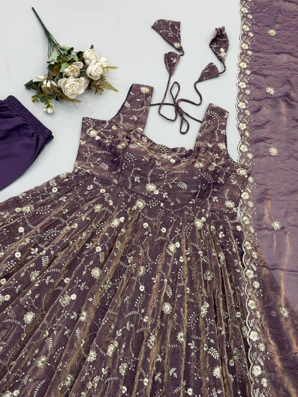 Dusty Purple Fendy Silk Gown Set with Sequence Embroidery (Ready to Wear)