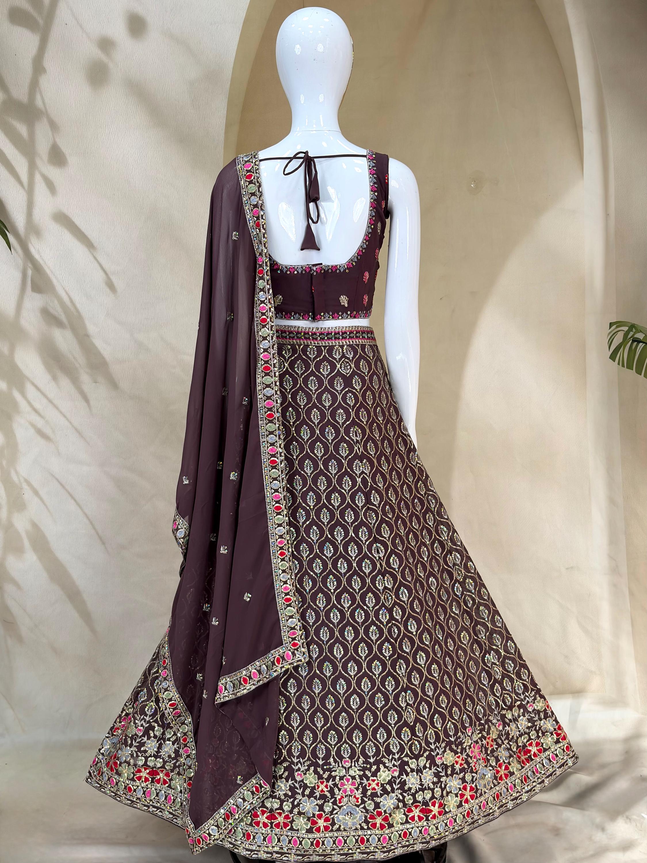 Designer Indian Wedding Lehenga Choli: Dark Brown Georgette Embroidery (Made To Order)