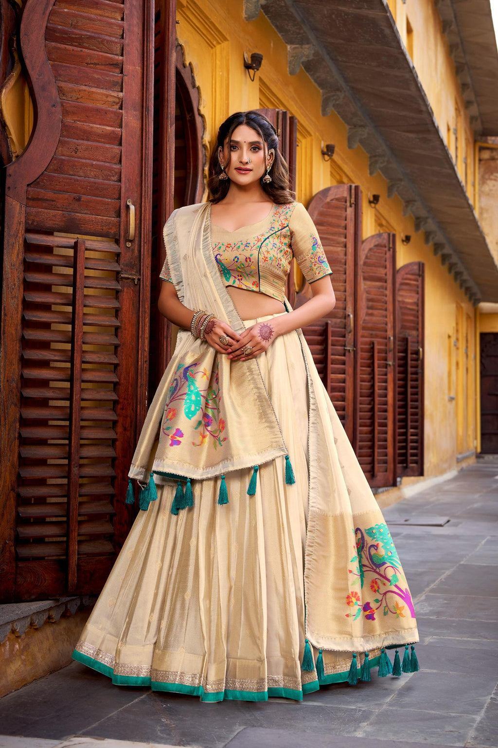 Paithani Silk Lehenga Choli — Cream & Gold Zari Weave