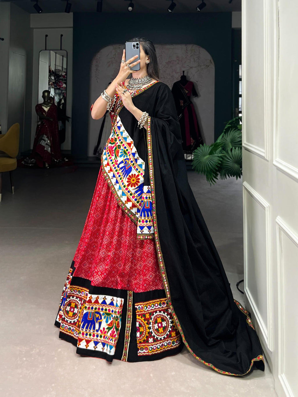 Mustard Yellow Cotton Lehenga Choli Set | Gamthi Work, Mirror Lace Ghagra Choli