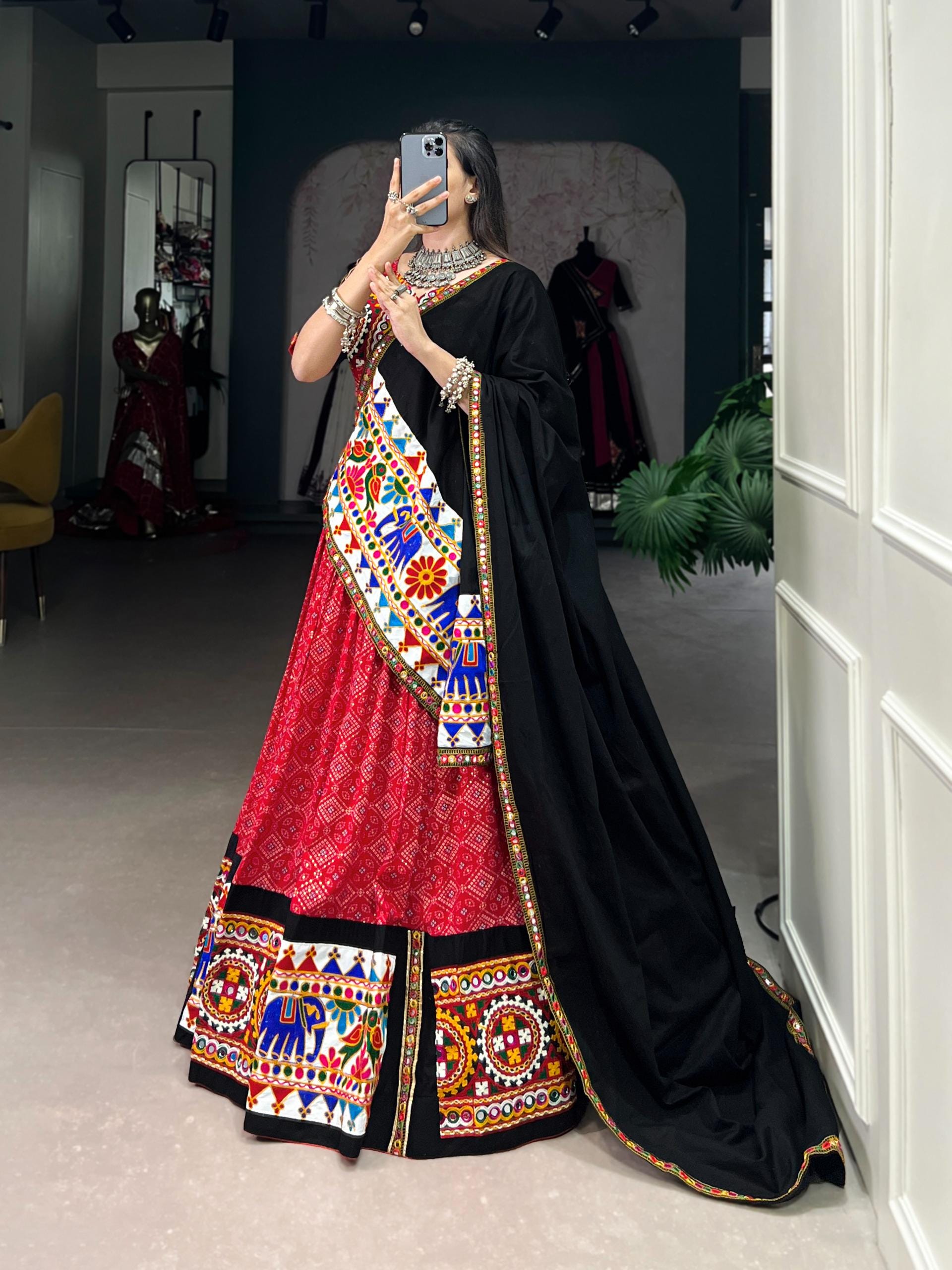 Mustard Yellow Cotton Lehenga Choli Set | Gamthi Work, Mirror Lace Ghagra Choli