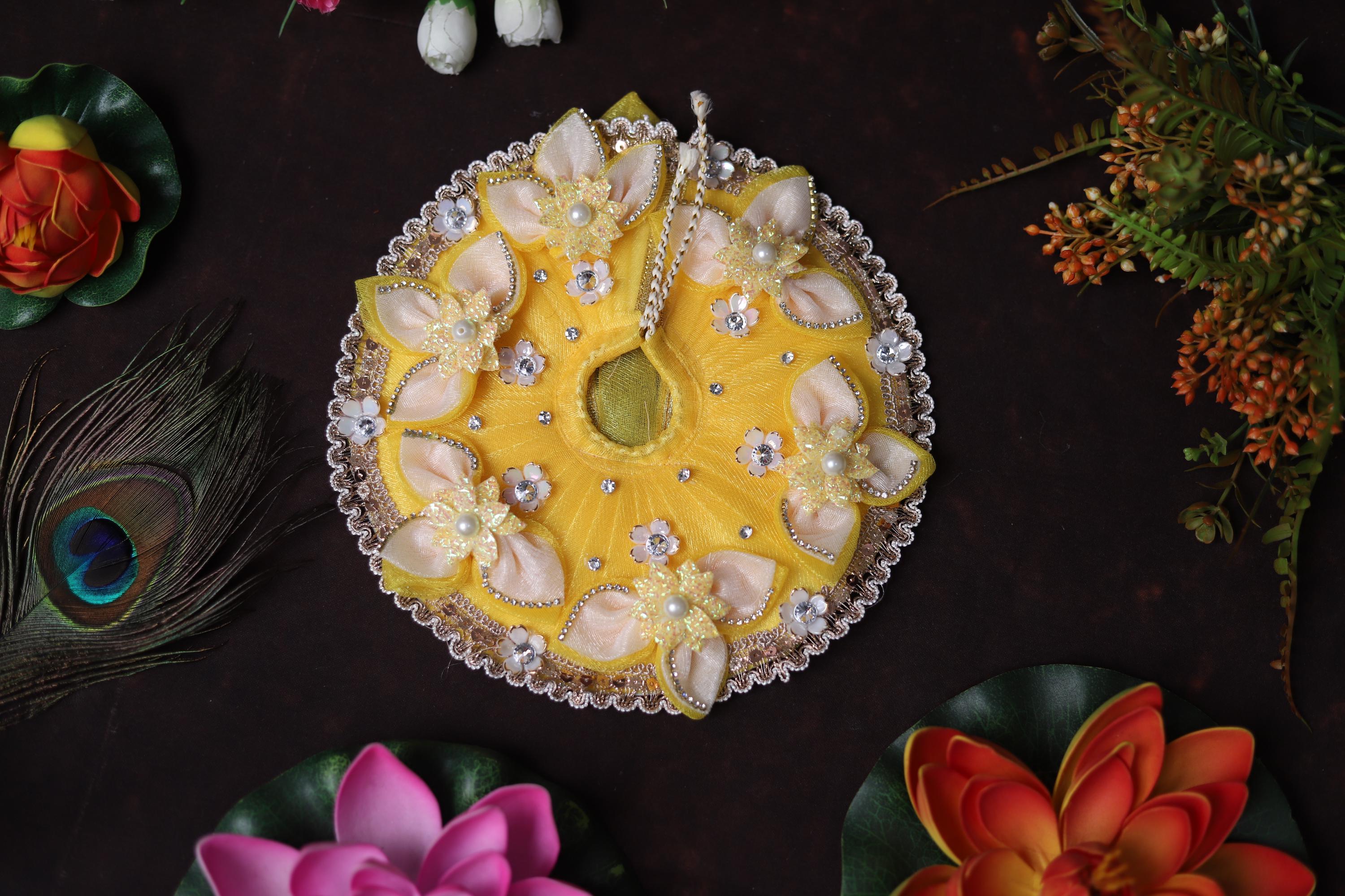 Handcrafted Yellow Kanha Ji Poshak: Floral Stone Pearl Work Festive Dress