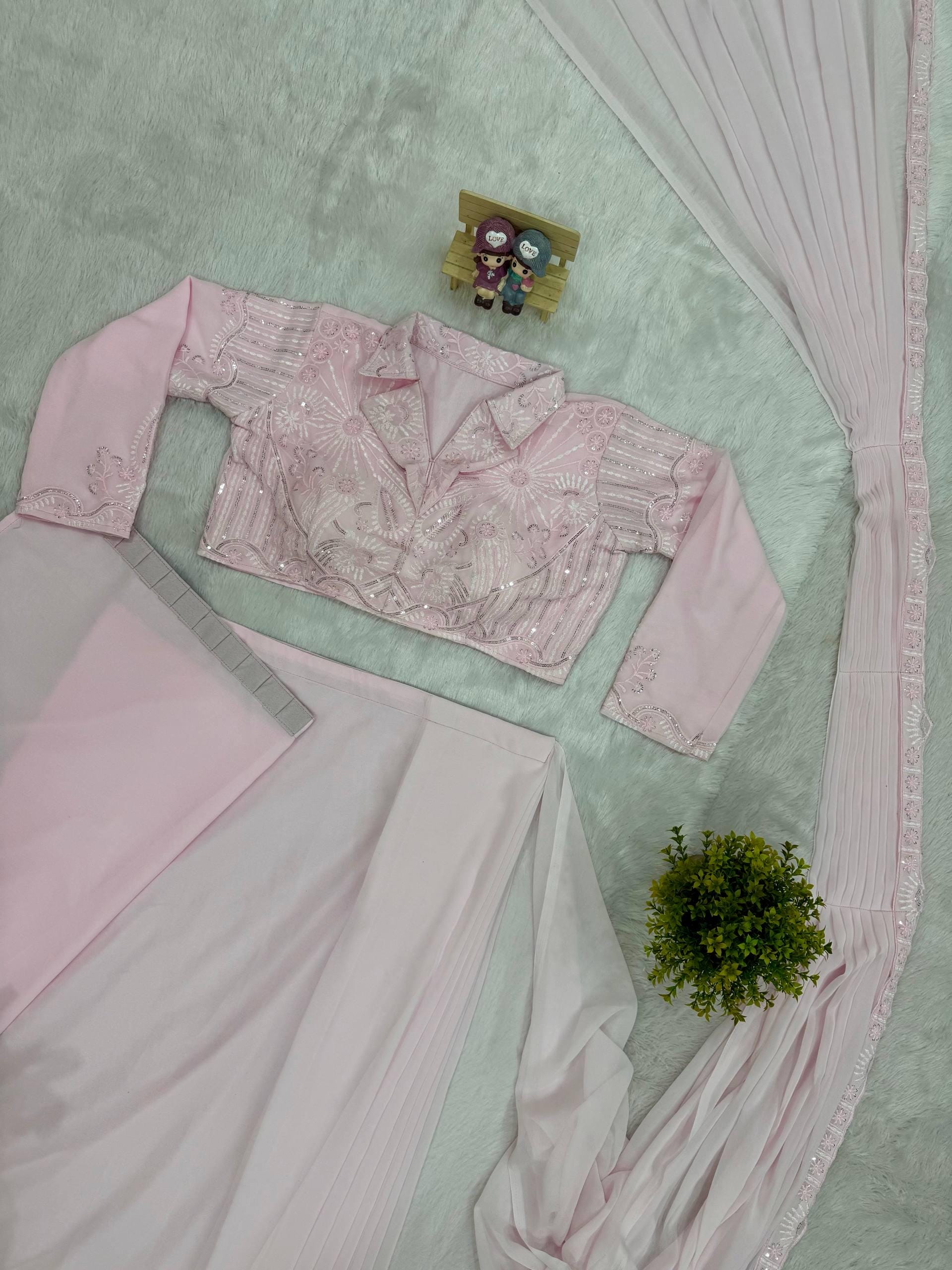Ready-to-Wear Baby Pink Georgette Drape Saree with Sequins Work Custom Stitch Blouse