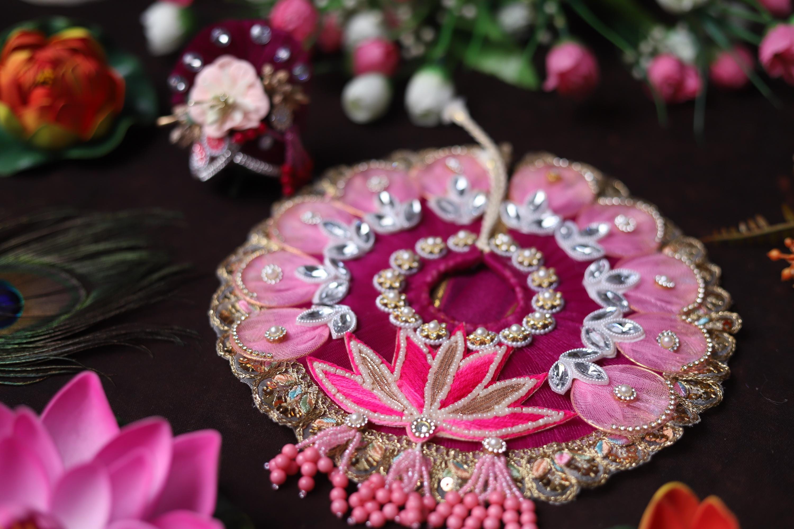 Exquisite Handcrafted Pink Lotus Deity Dress | Royal Magenta Laddu Gopal Poshak with Pearl & Sequin Border | Janmashtami Shringar