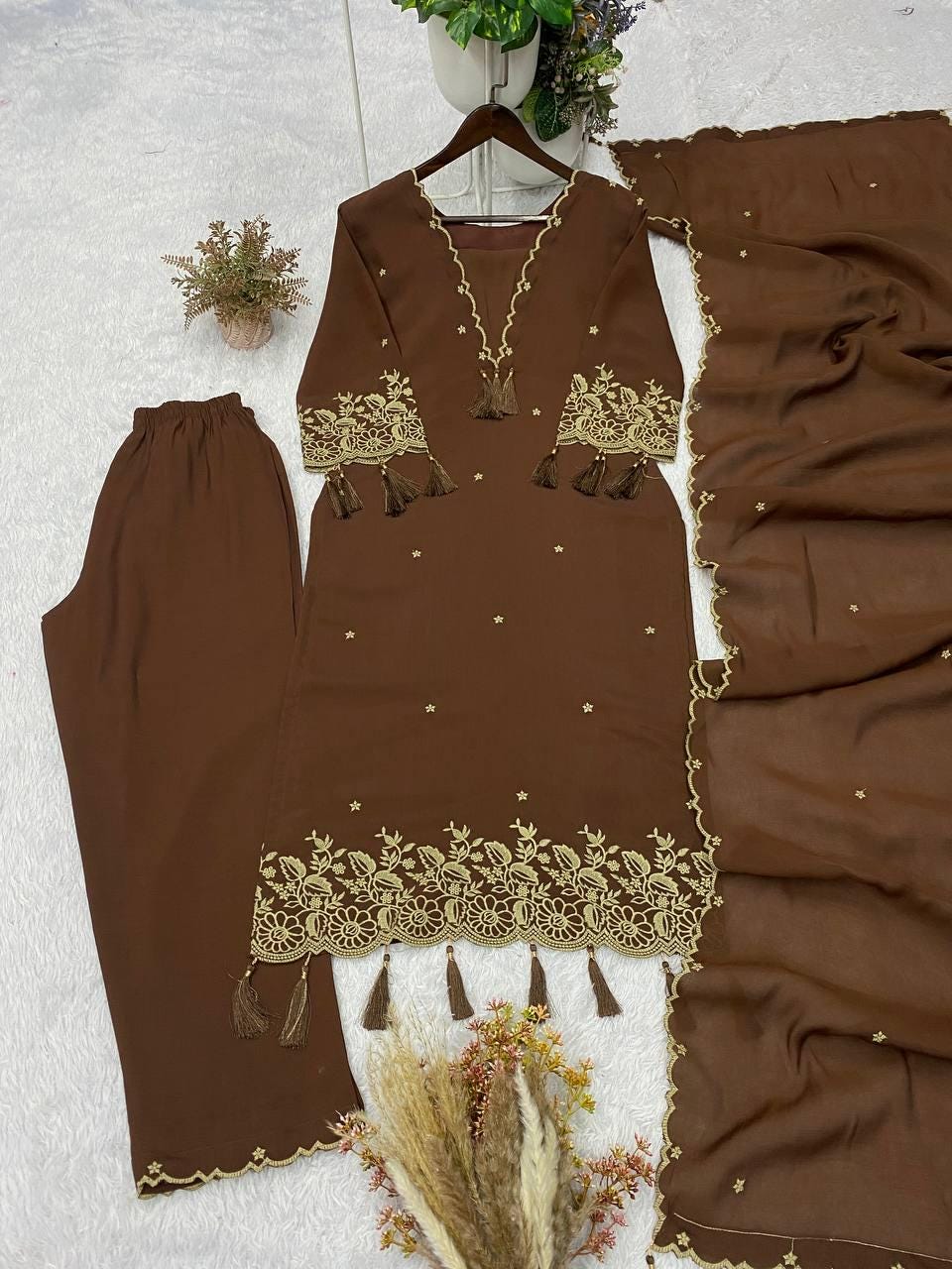 Embroidered Brown Rayon Kurta Salwar Set with Dupatta | Festive Indian Wear