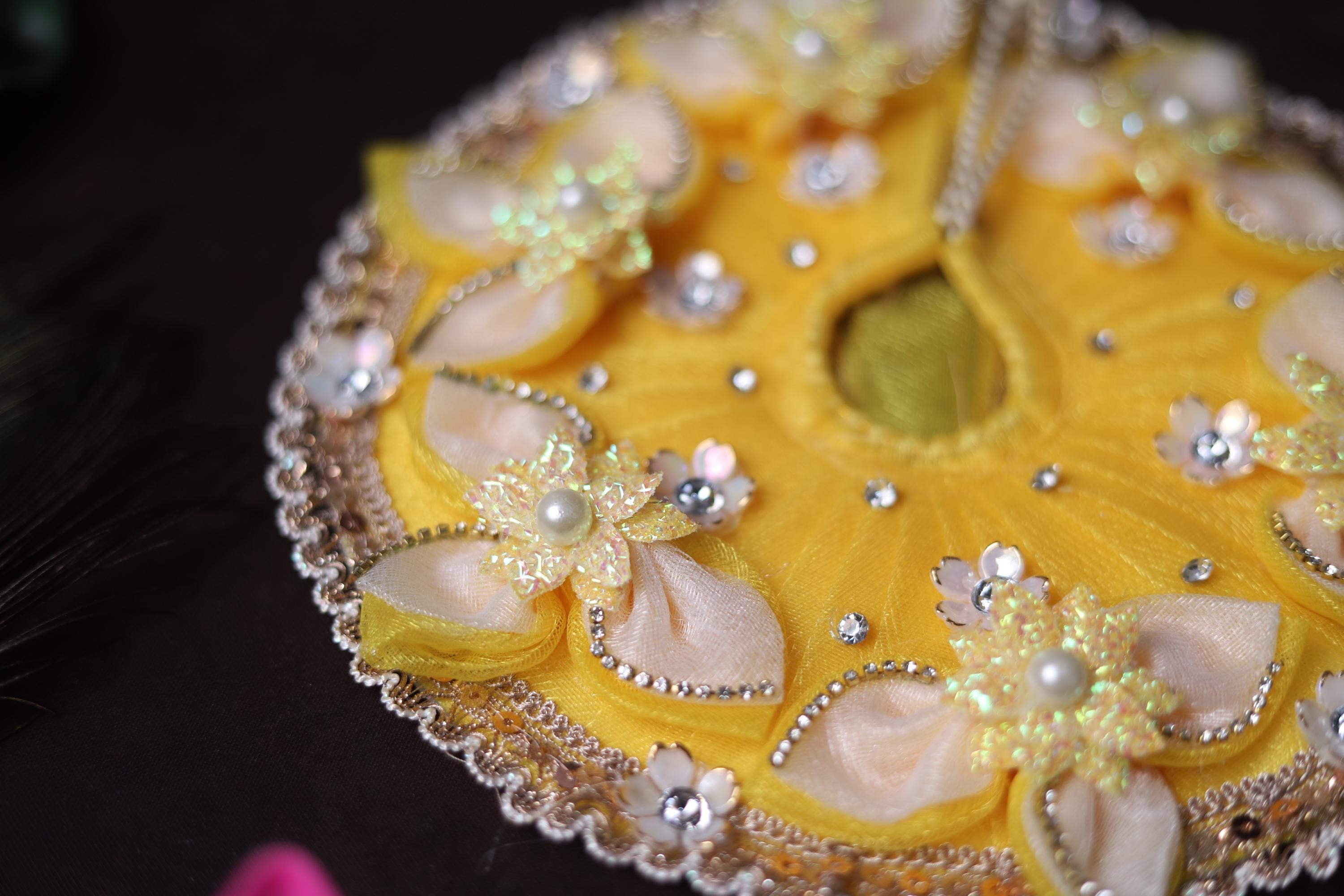 Handcrafted Yellow Kanha Ji Poshak: Floral Stone Pearl Work Festive Dress