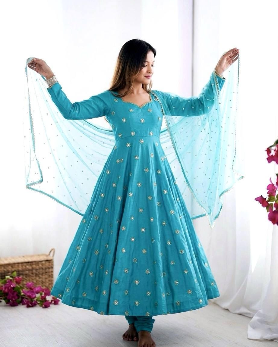 Blue Silk Gown, Long Sleeve Mirror Work, Full Flair Prom Dress