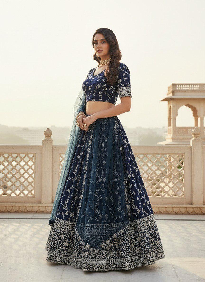 Designer Indian Wedding Lehenga Choli Set: Royal Blue Georgette Embroidery (Made To Order)