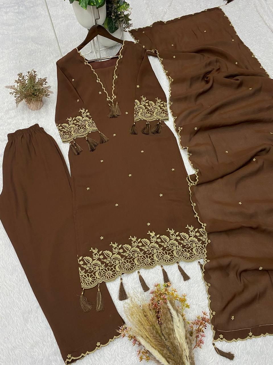 Embroidered Brown Rayon Kurta Salwar Set with Dupatta | Festive Indian Wear