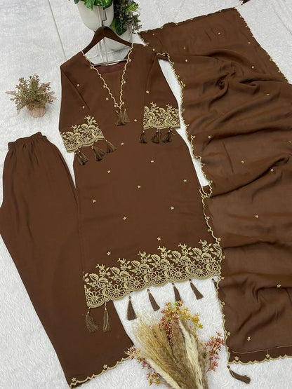Embroidered Brown Rayon Kurta Salwar Set with Dupatta | Festive Indian Wear