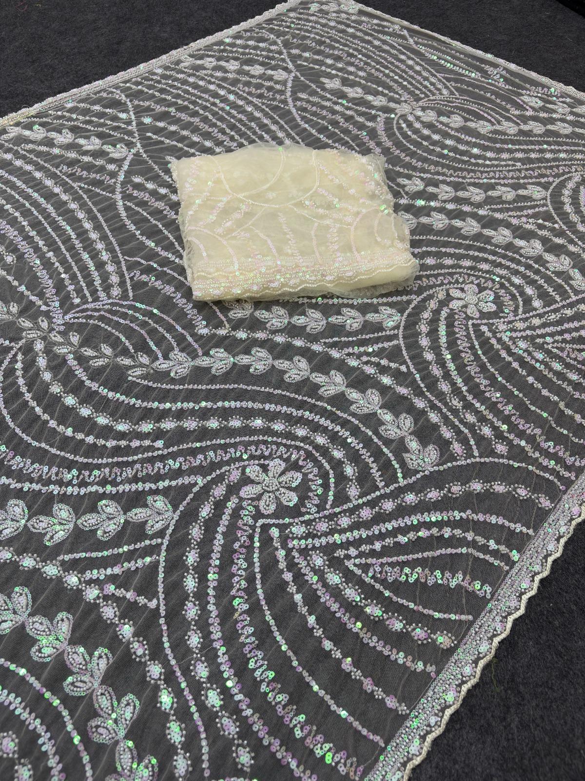 White & Black Soft Net Saree with Beadwork & Cutwork Border